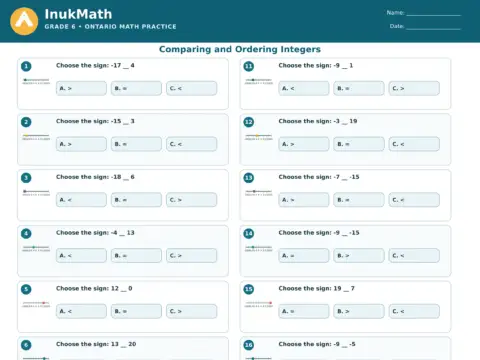 Comparing and Ordering Integers – Grade 6 math worksheet preview