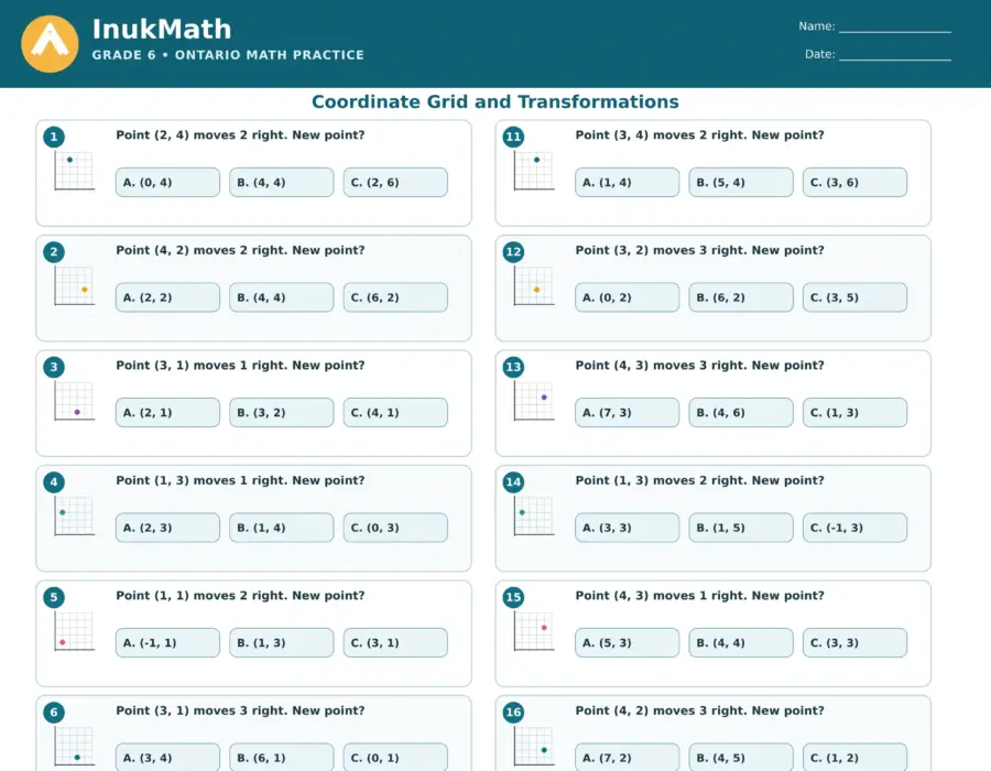 Coordinate Grid and Transformations – Grade 6 math worksheet (preview)