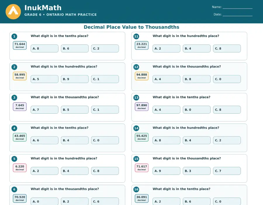 Decimal Place Value to Thousandths – Grade 6 math worksheet (preview)