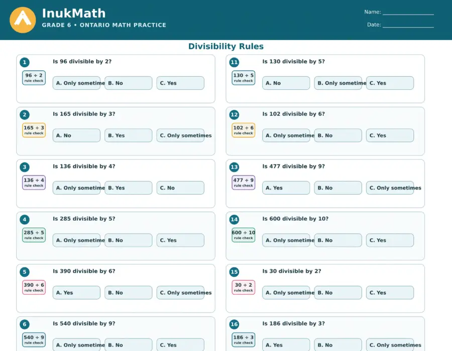 Divisibility Rules – Grade 6 math worksheet (preview)