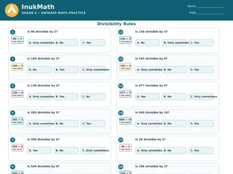 Divisibility Rules – Grade 6 math worksheet preview