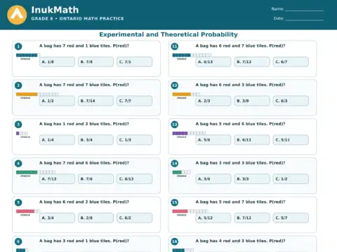 Experimental and Theoretical Probability – Grade 6 math worksheet preview