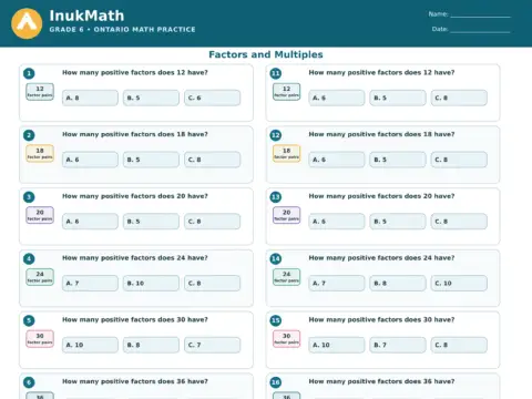 Factors and Multiples – Grade 6 math worksheet preview