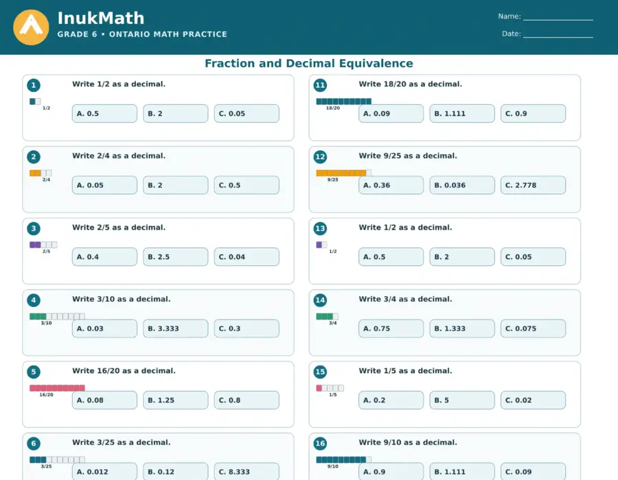 Fraction and Decimal Equivalence – Grade 6 math worksheet (preview)