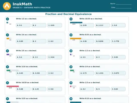 Fraction and Decimal Equivalence – Grade 6 math worksheet preview