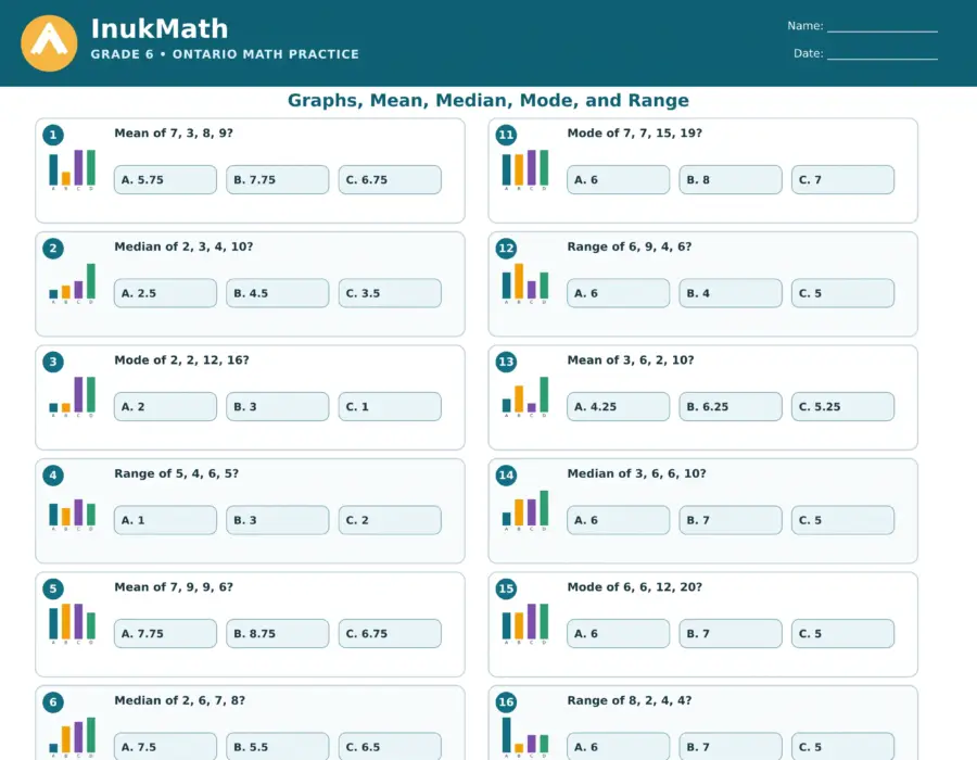 Graphs: Mean, Median, Mode and Range – Grade 6 math worksheet (preview)