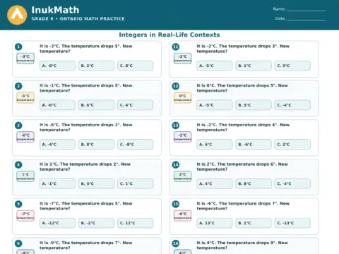 Integers in Real-Life Contexts – Grade 6 math worksheet preview