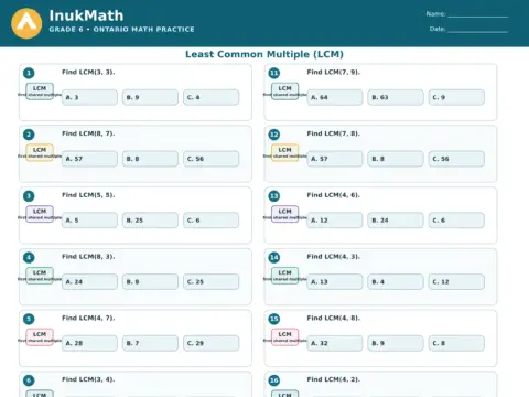Least Common Multiple (LCM) – Grade 6 math worksheet preview