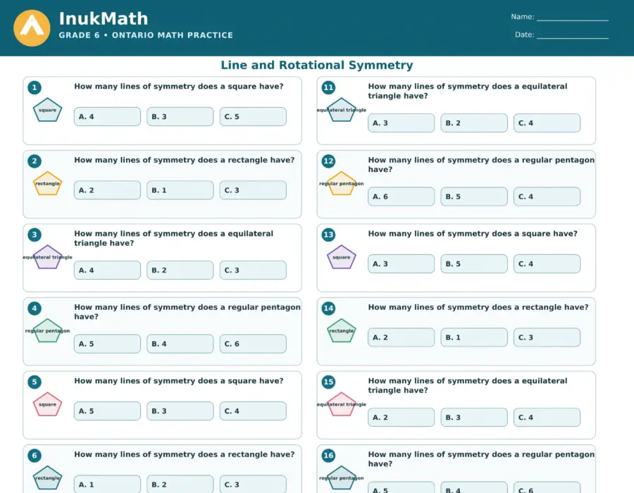 Line and Rotational Symmetry – Grade 6 math worksheet (preview)
