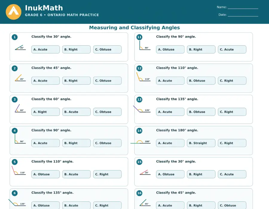 Measuring and Classifying Angles – Grade 6 math worksheet (preview)
