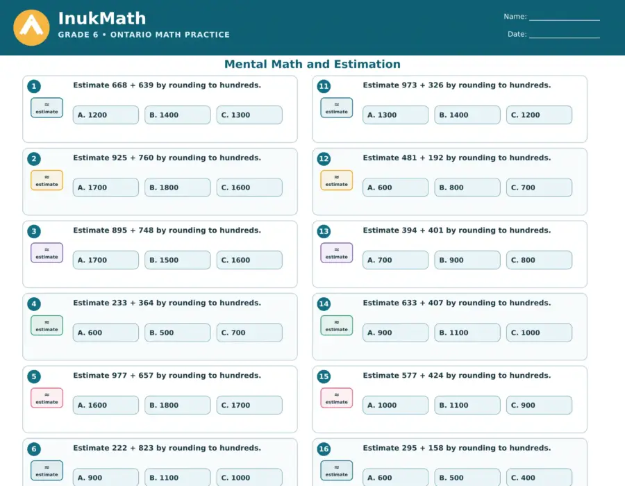 Mental Math and Estimation – Grade 6 math worksheet (preview)