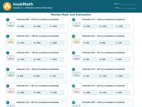 Mental Math and Estimation – Grade 6 math worksheet preview