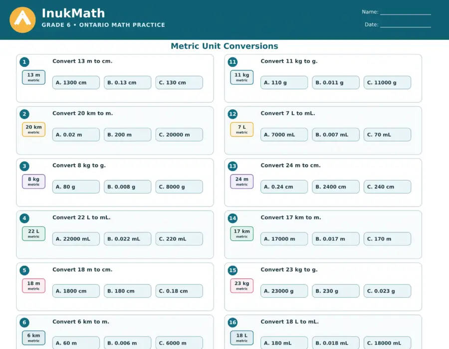 Metric Unit Conversions – Grade 6 math worksheet (preview)