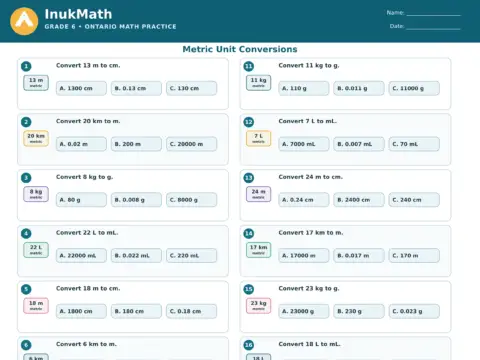Metric Unit Conversions – Grade 6 math worksheet preview