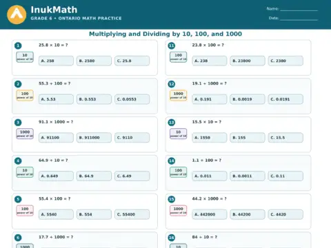 Multiplying and Dividing by 10, 100 and 1,000 – Grade 6 math worksheet preview
