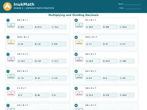 Multiplying and Dividing Decimals – Grade 6 math worksheet preview