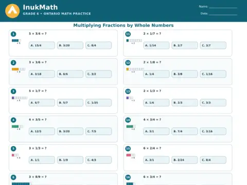 Multiplying Fractions by Whole Numbers – Grade 6 math worksheet preview