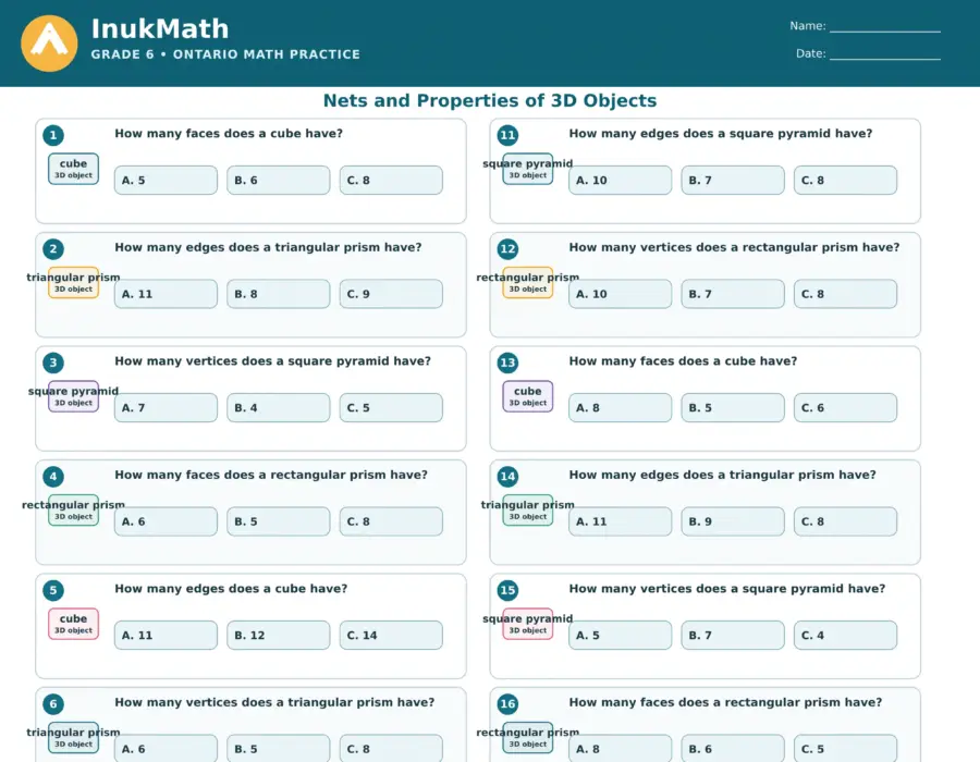 Nets and Properties of 3D Objects – Grade 6 math worksheet (preview)