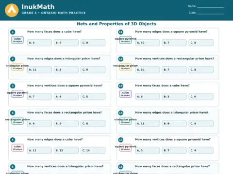 Nets and Properties of 3D Objects – Grade 6 math worksheet preview