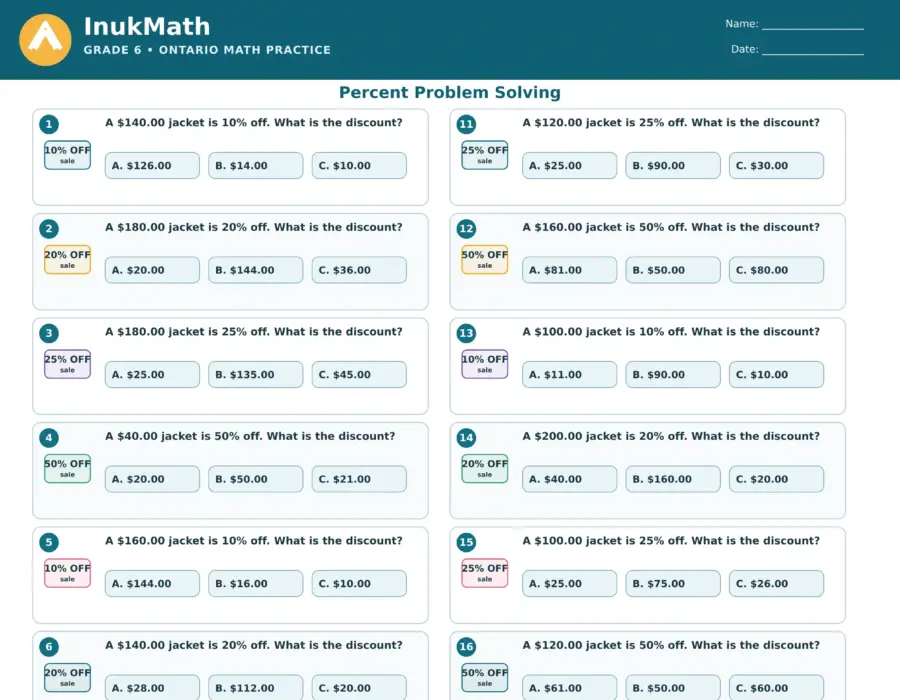 Percent Problem Solving – Grade 6 math worksheet (preview)