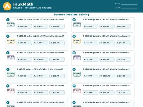 Percent Problem Solving – Grade 6 math worksheet preview