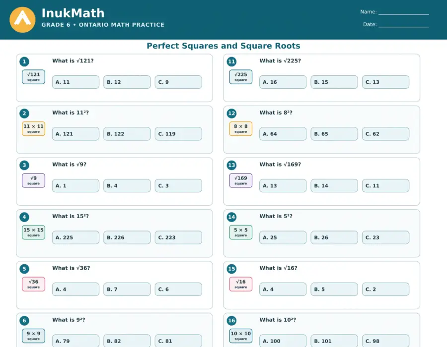 Perfect Squares and Square Roots – Grade 6 math worksheet (preview)