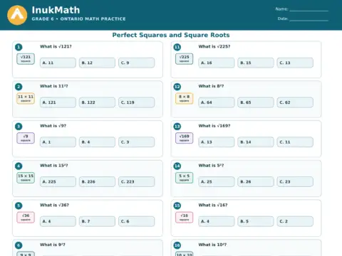 Perfect Squares and Square Roots – Grade 6 math worksheet preview