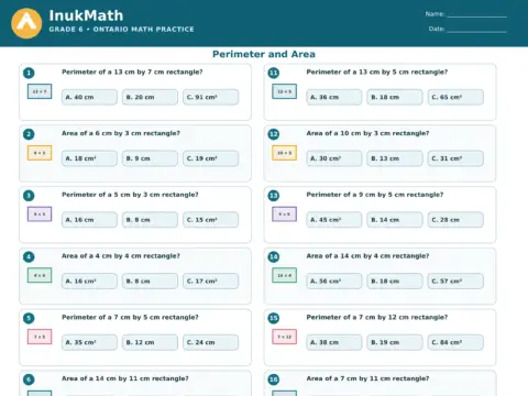 Perimeter and Area – Grade 6 math worksheet preview