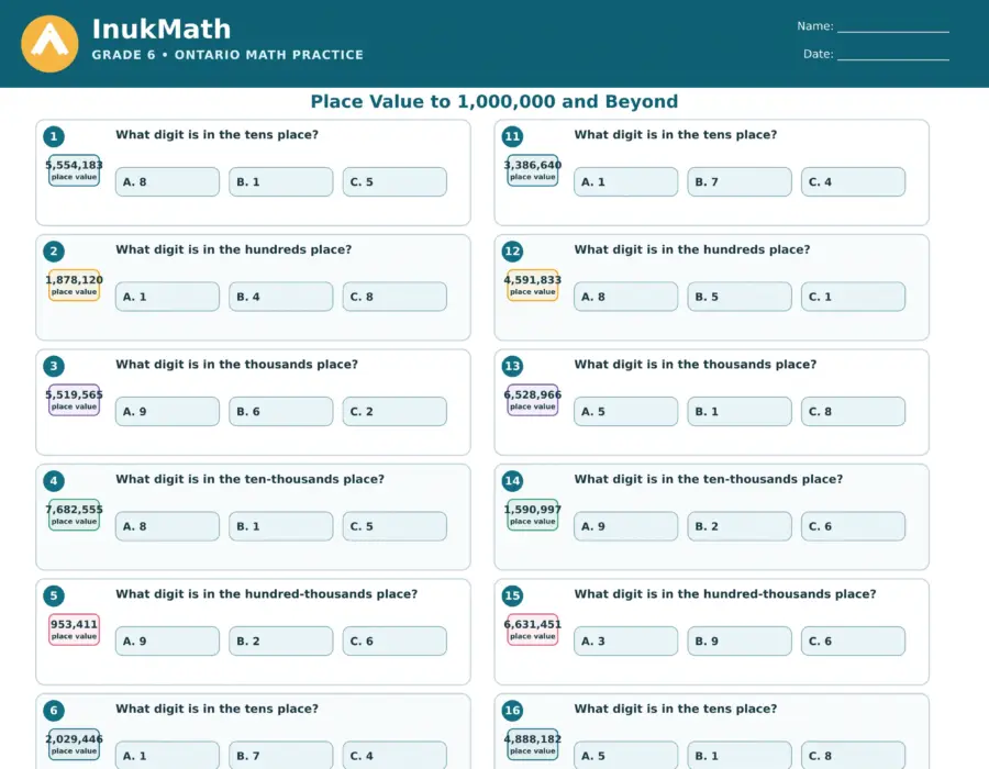 Place Value to 1,000,000 and Beyond – Grade 6 math worksheet (preview)