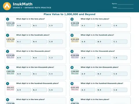 Place Value to 1,000,000 and Beyond – Grade 6 math worksheet preview