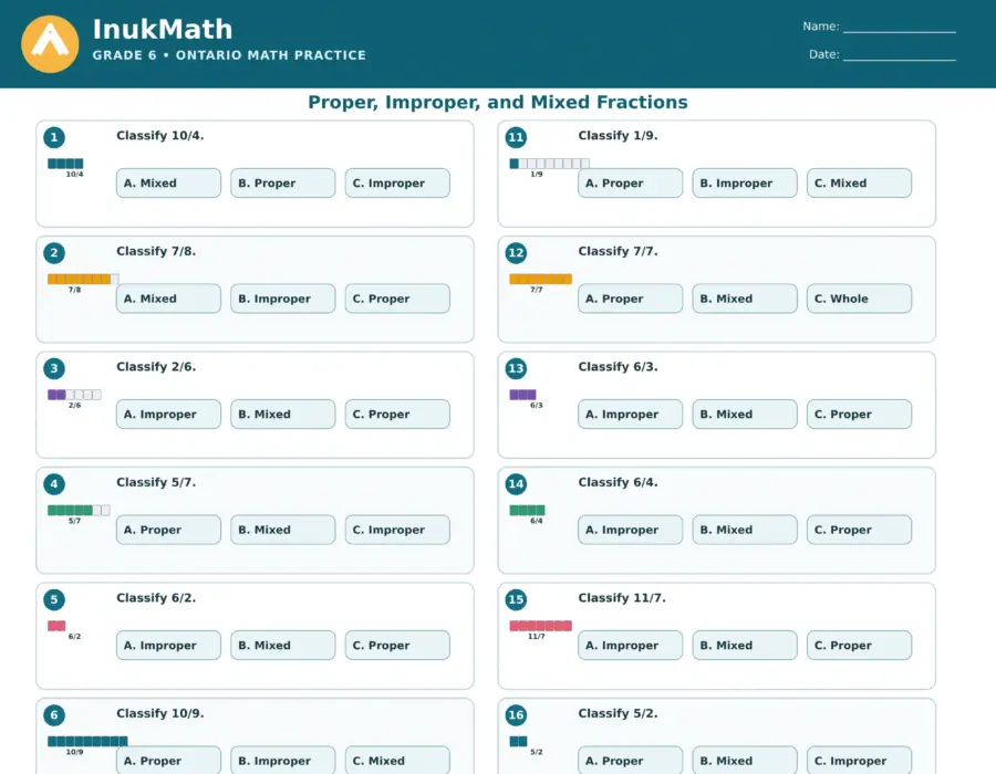 Proper, Improper and Mixed Fractions – Grade 6 math worksheet (preview)
