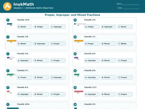 Proper, Improper and Mixed Fractions – Grade 6 math worksheet preview