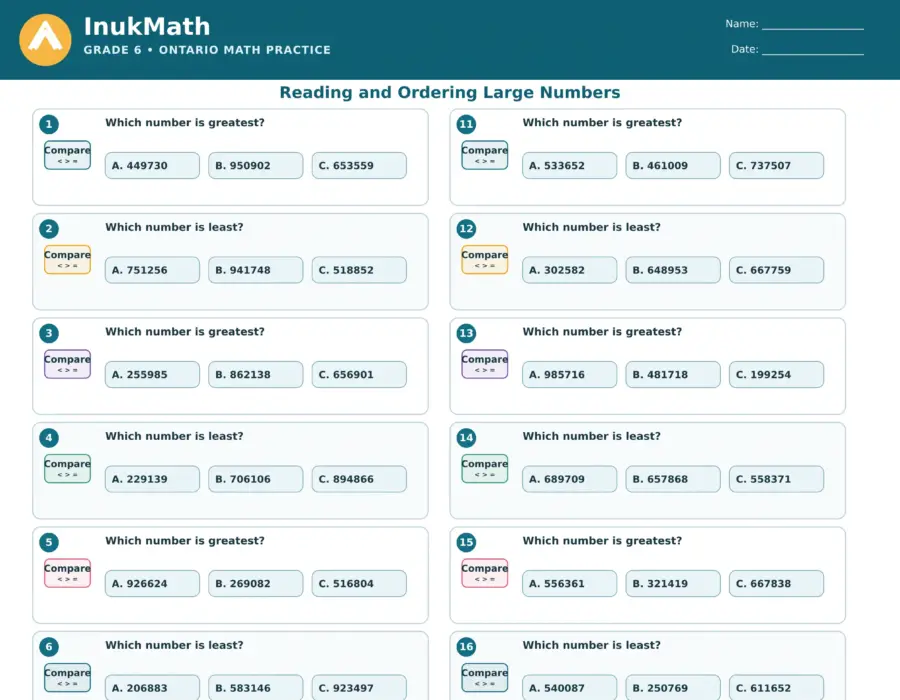 Reading and Ordering Large Numbers – Grade 6 math worksheet (preview)