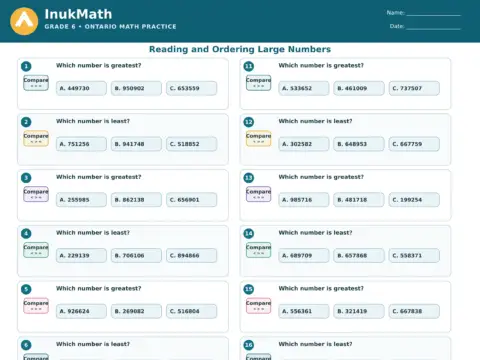 Reading and Ordering Large Numbers – Grade 6 math worksheet preview
