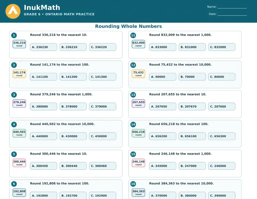 Rounding Whole Numbers – Grade 6 math worksheet (preview)