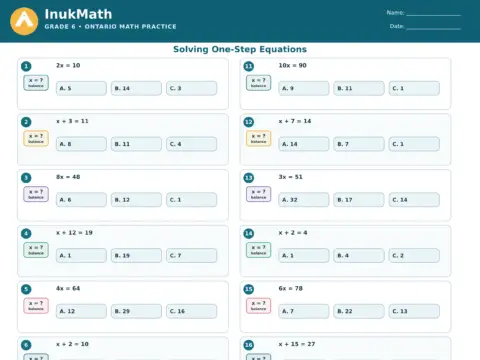 Solving One-Step Equations – Grade 6 math worksheet preview