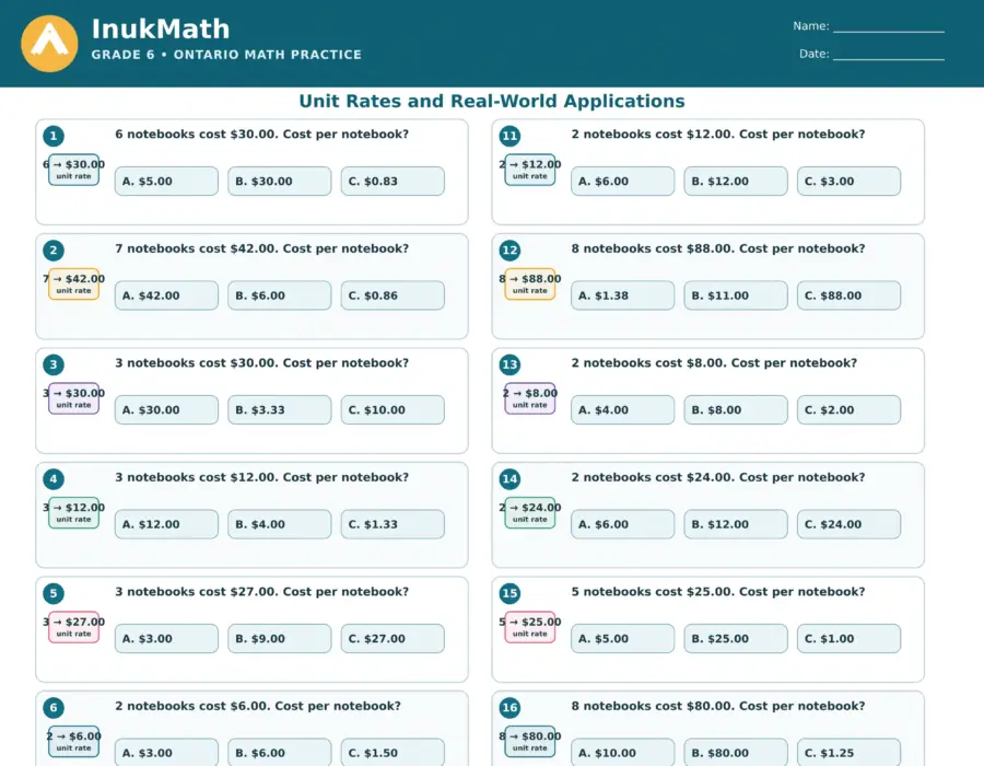 Unit Rates and Real-World Applications – Grade 6 math worksheet (preview)