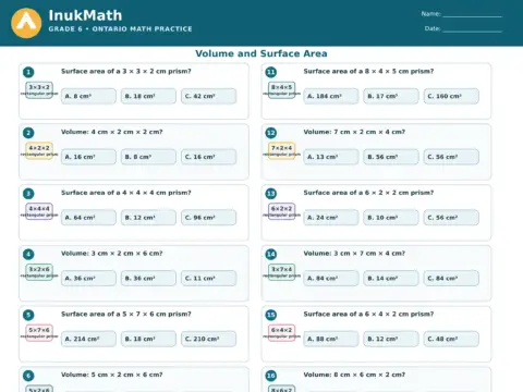 Volume and Surface Area – Grade 6 math worksheet preview