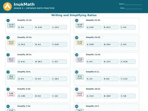 Writing and Simplifying Ratios – Grade 6 math worksheet preview